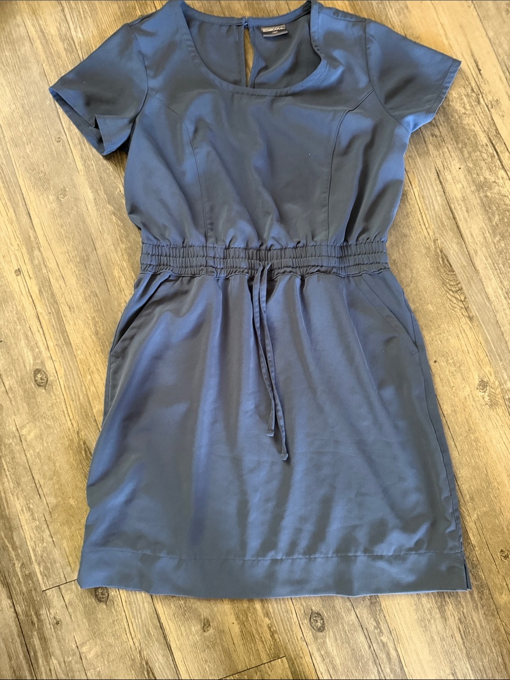 Blue-Gray Dress with Cinched Waist + Pockets